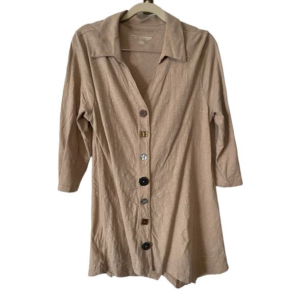 Soft Surroundings Danielle Button Tunic 3/4 Sleeve Cotton Desert Stone Size M - Picture 2 of 8